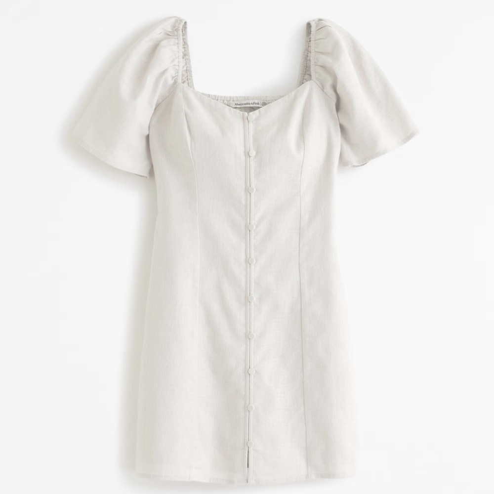 Abercrombie & Fitch Linen-Blend Button-Through Elegant White Puff Sleeve Dress